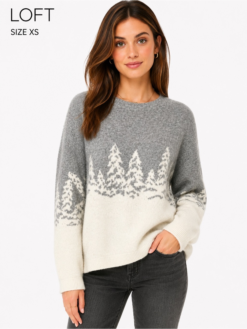 LOFT Winter Forest Sweater Size XS Gray Ivory Cozy Soft Knit Pullover